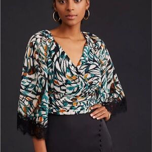 Anthropologie Flutter Sleeve Lace Trim Abstract Teal Print Wrap Blouse XS